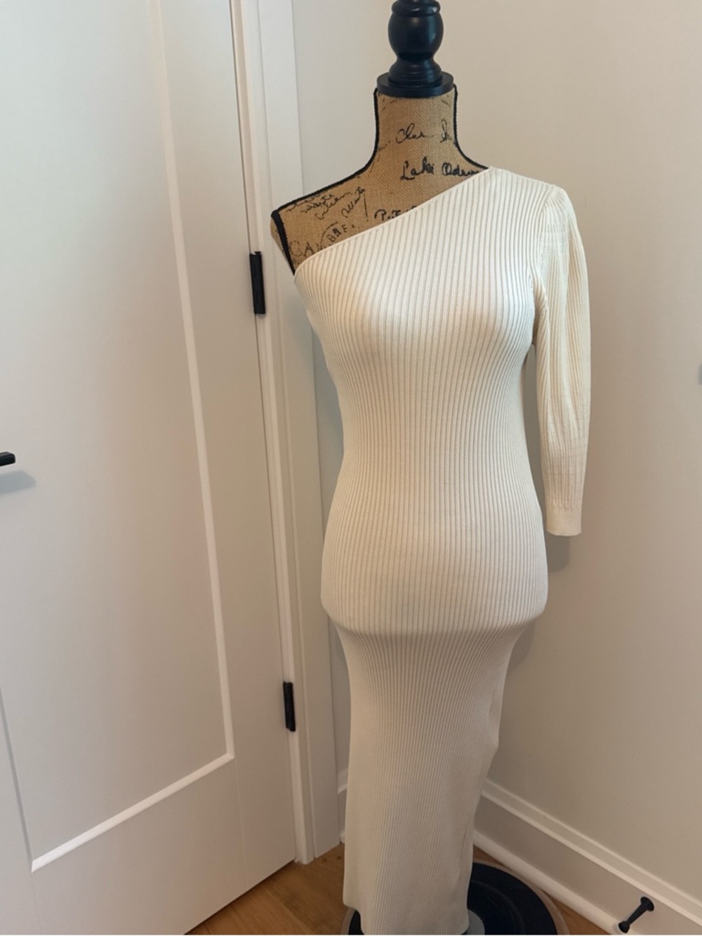 Zara One-Shoulder Cream Ribbed Knit Midi Dress